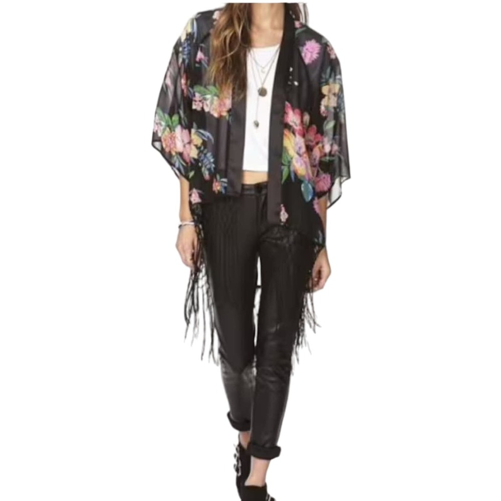 Woman Floral Fringed Sheer‎ Kimono Cardigan Lucky Leaves Size L Boho Cover Up